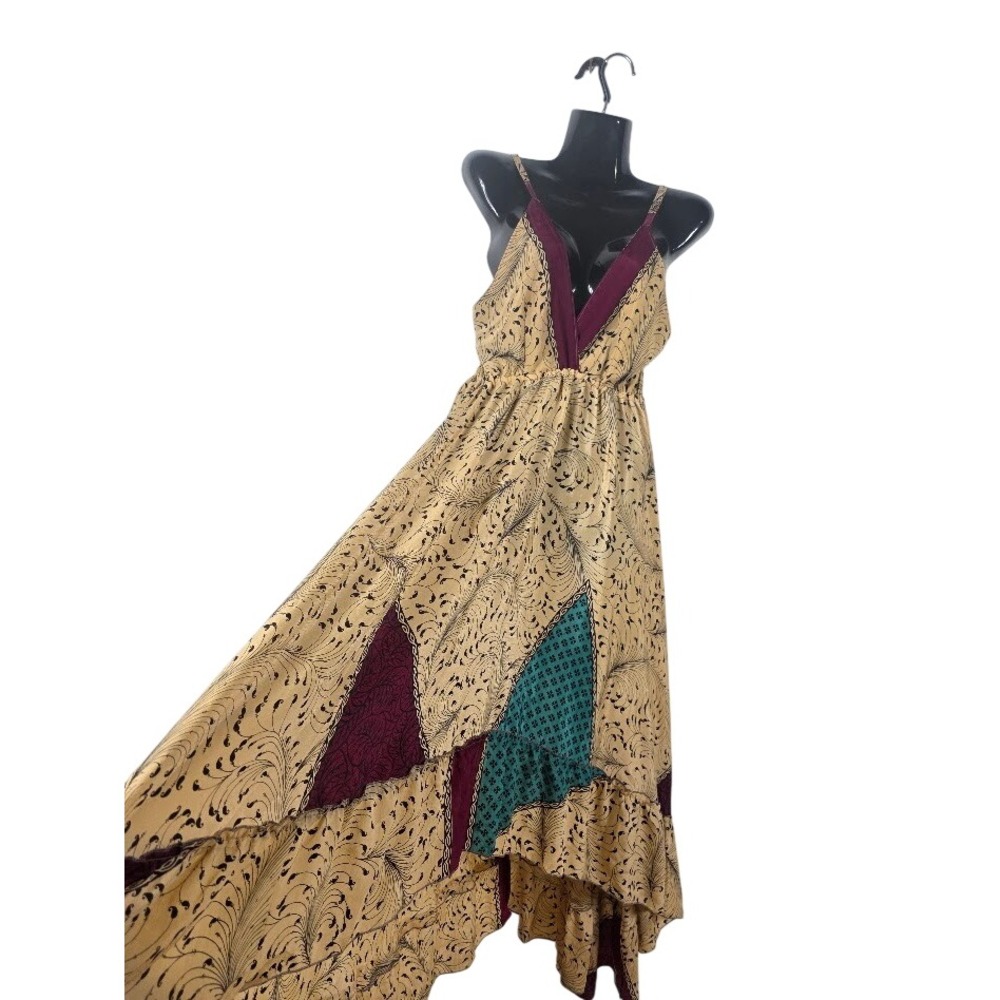 Silk Maxi Dress Womens‎ OS Tan Patchwork Boho Festival Gypsy Ethnic Hippie